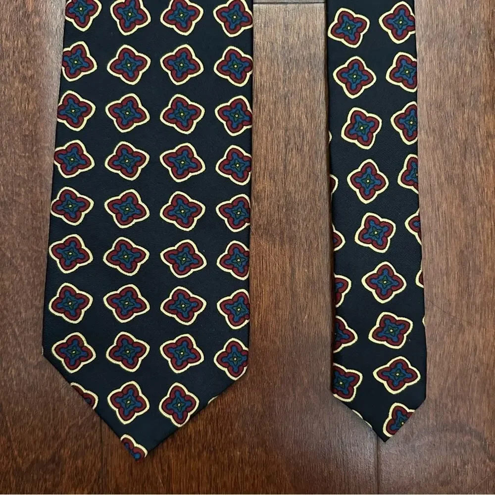 Faconnable Dark Navy and Red Geometric 100% Silk Tie